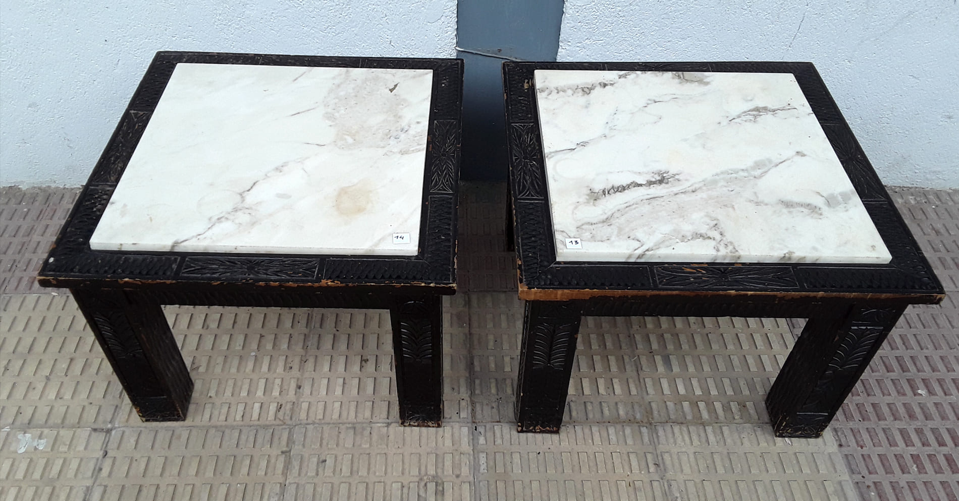 2 wooden and marble twin low side tables